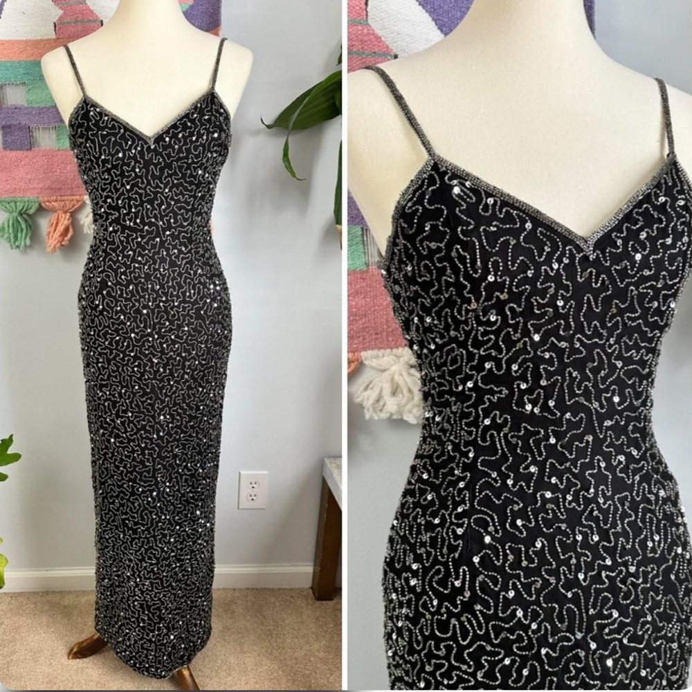 Vintage Laurence Kazar Black Silk Dress with Beaded Neckline B3 Marylin, Sabrina